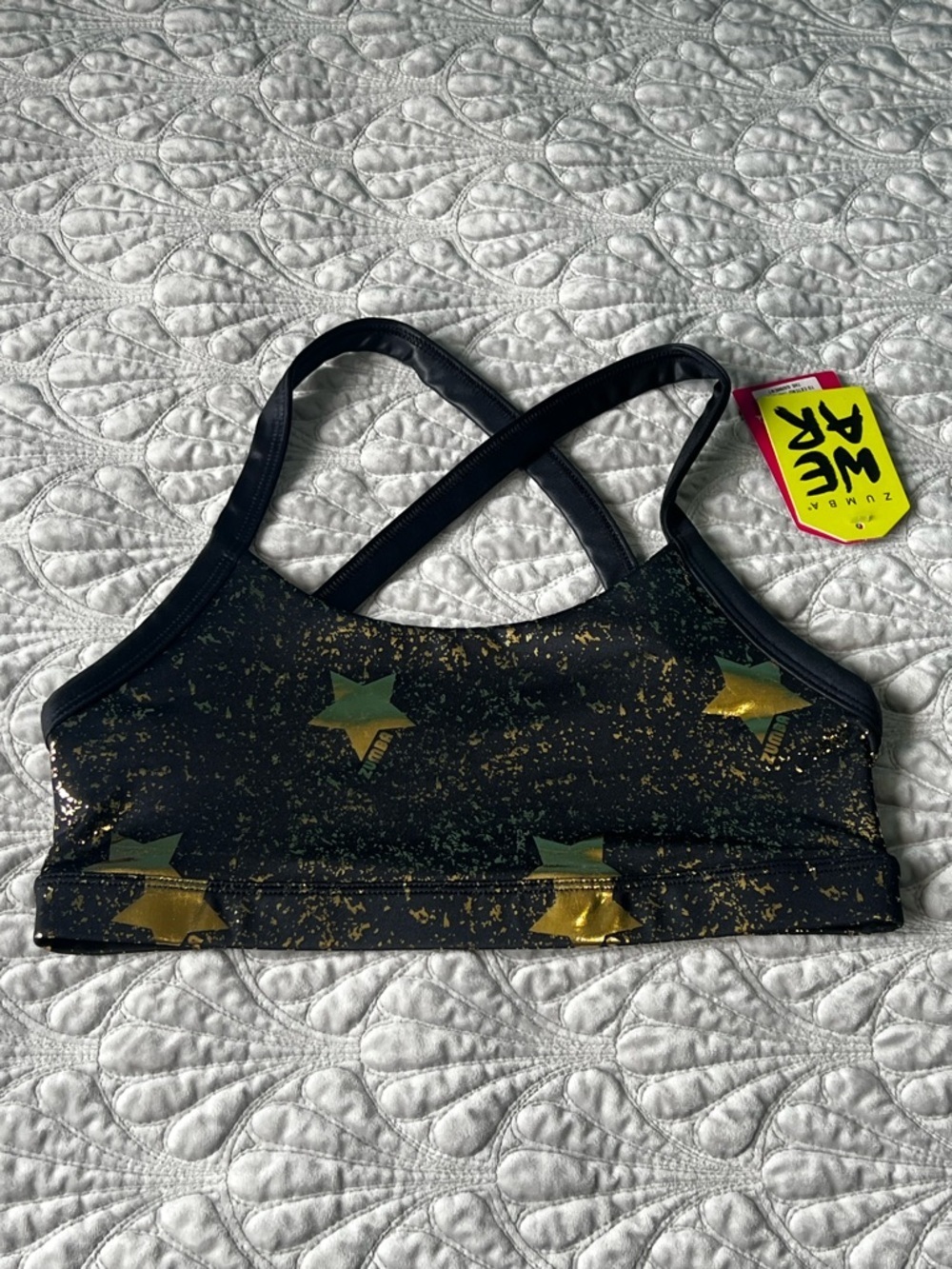 Zumba Fitness Zumba Cosmic Open Back Cris Cross Sports Bra Gold Stars Large NWT